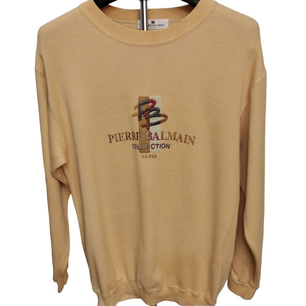 Pierre Balmain Pullover Men Sz S‎ Tan Embroidered Logo Spellout Crewneck Luxury